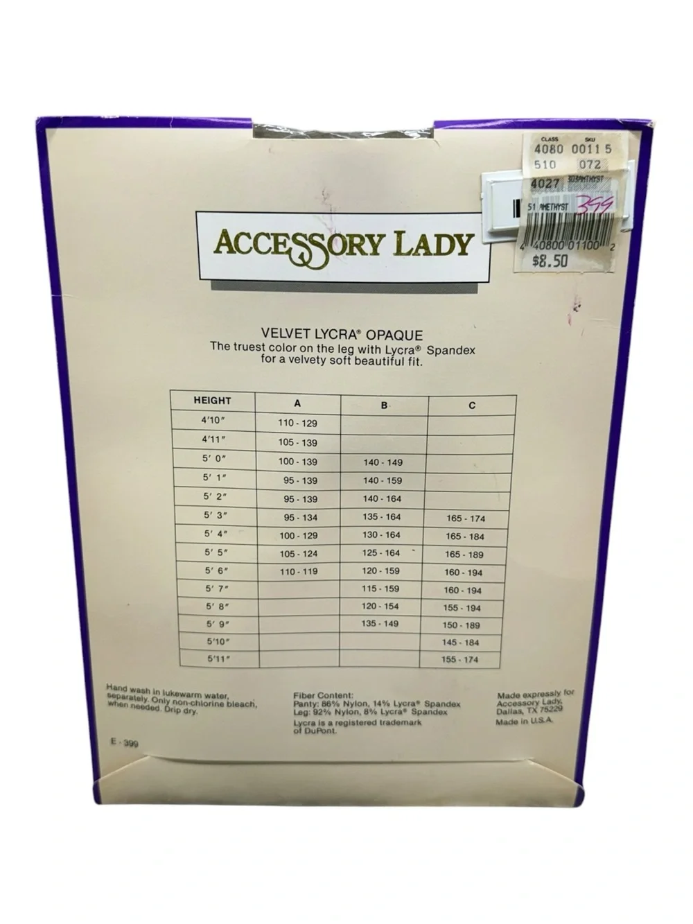 Vintage Accessory Lady Velvety Soft Opaque Control Top Pantyhose Amethyst Size B